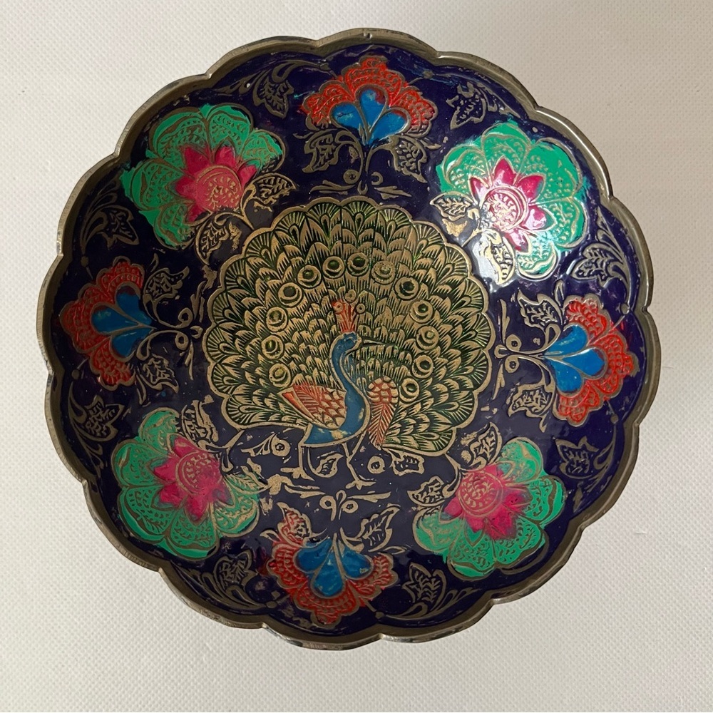 Vintage Brass Enamel Peacock Bowl Dish